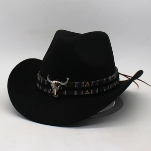 Black western cowboy hat with ethnic braided band and silver bull head metal ornament