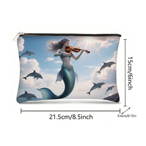 Trousse à maquillage en toile thème océan avec sirène et dauphins avec dimensions de taille