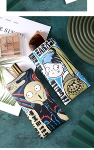 Detailed view of artistic eyeglass pouches featuring iconic paintings in cartoon style