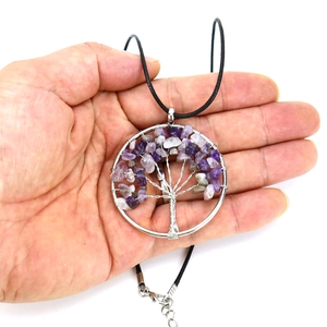 Handmade silver wire tree of life pendant with amethyst crystals on a black necklace cord