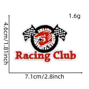 Detail view of Racing Club embroidery patch with precise dimensions and weight specs
