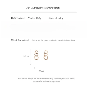 Detail specifications of 15.6g gold-finish alloy earrings with 5.5cm length dimensions