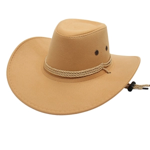 Detail of khaki western cowboy hat with golden braided rope and adjustable wind strap
