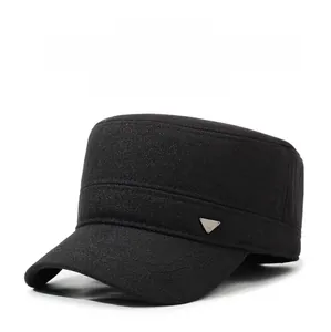 Detailed view of the charcoal gray wool ear protection flat top cap with metal logo