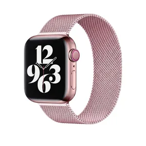 Rose gold Milanese loop metal strap for Apple Watch with magnetic clasp on white background