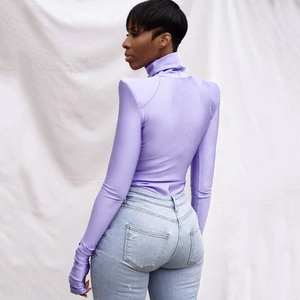 Close-up of slim-fit purple turtleneck long sleeve dress showing back silhouette details