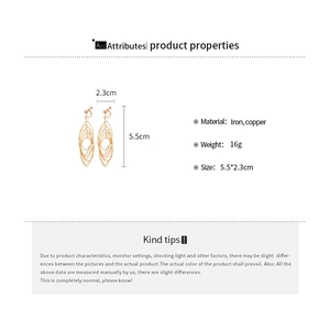Detailed size specifications for gold hollow layered oval clip earrings made of iron and copper
