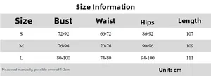 Detailed size chart for backless slim fit dress showing bust, waist, and hips measurements