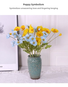 Detailed view of yellow and blue silk poppy flowers with flocked stems in a ceramic vase