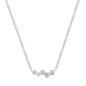 Macro shot of S925 silver necklace featuring a curved five-stone pearl pendant inlay