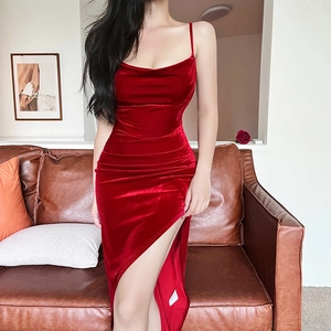 Elegant slim fit deep red velvet camisole dress with cowl neck and side slit