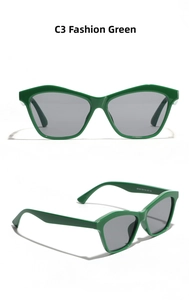 Detailed view of fashion green cat-eye sunglasses with gray lenses and CE certification