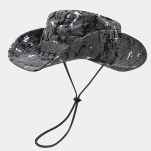 Close-up of tactical boonie hat with digital camouflage pattern and adjustable chin strap