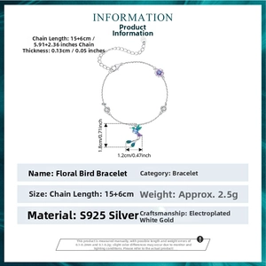 Detail of s925 silver bracelet showing enamel hummingbird charm and 15+6cm chain specs