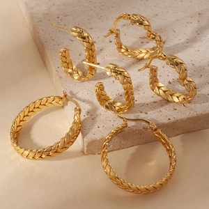 Three-piece set of gold-plated woven wheat spike earrings in hoop, heart, and U-shaped styles