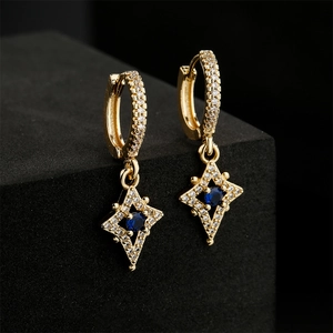 Gold Plated Copper Huggie Earrings With Star Pendant Blue Zircon Geometric Jewelry For Women Elegant Style