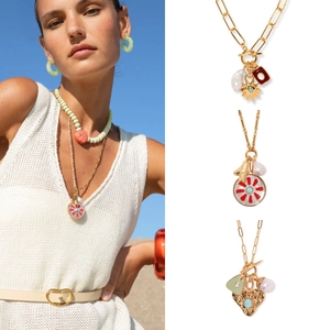 Vintage Multi Pendant Necklace Copper With Enamel Heart Star Artificial Baroque Pearl Turquoise Gemstone Jewelry For Women