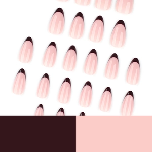 Französische Mandel-Drucknägel in glänzendem Nude-Rosa mit weinroten Spitzen