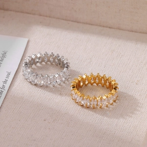 Elegant gold and silver titanium steel rings with full pavé cubic zirconia setting
