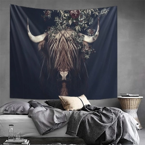 Detailed wall tapestry featuring a bohemian Highland cow over a modern bedroom bed