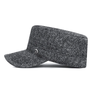 Winter men's charcoal grey flat top army cap with thick textured fabric and metal logo