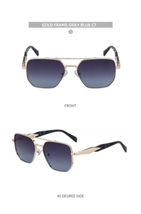 Detail of gold pilot sunglasses with gray blue gradient lenses and marble textured temples