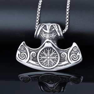 Viking Thor Hammer Axe Pendant Necklace Stainless Steel Nordic Mythology Vegvisir Compass Vintage Engraved Jewelry For Men
