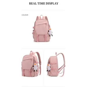 Pink trendy student backpack with cute duck plush pendant shown in multiple angles