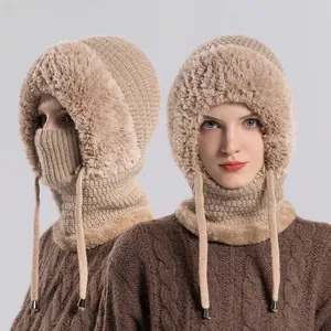 Beige winter knitted hood hat with thick faux fur lining and integrated face mask
