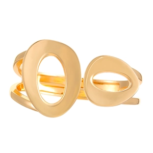 Close-up of golden irregular double-layered hollow cuff bracelet with polished finish