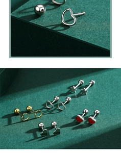 Detailed view of S925 sterling silver heart and star screw back studs in various finishes