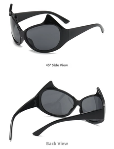 Detailed views of black cat-ear sunglasses showing the 45-degree side and back structure