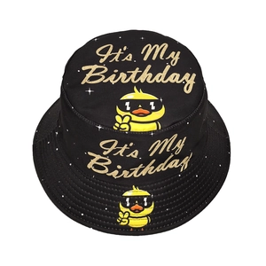 Black bucket hat with yellow cartoon duck and It's My Birthday print for parties