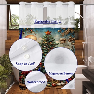 Detail showing waterproof Christmas shower curtain with snap-on liner and magnetic hem