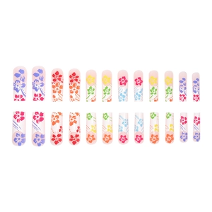 24pcs long coffin press on nails featuring colorful tropical flower patterns on pink base