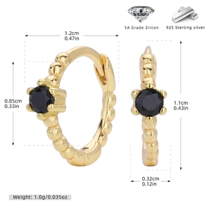 Detailed size specifications of gold S925 silver hoop earrings with black zircon stones