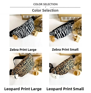 Detailed comparison of zebra and leopard print canvas chest bags in two sizes with bear charms