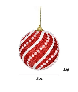 Boule de Noël rouge scintillante 8cm avec rayures blanches et détails en perles