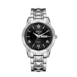 Classic silver stainless steel men's quartz watch with black dial and Roman numerals