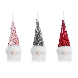 Three sequined Christmas gnome pendants with glowing lights and white plush beards