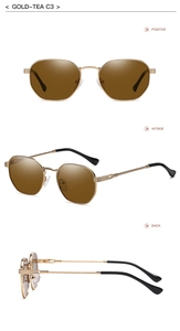 Three perspectives of gold-tone metal geometric sunglasses with tea-colored lenses