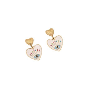 Golden heart-shaped evil eye earrings with white enamel and colorful rhinestones
