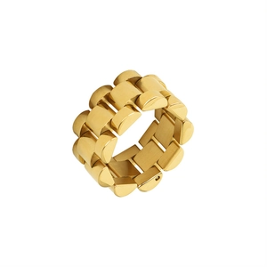 Golden titanium steel ring featuring a classic watch band link design and brushed finish
