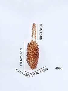 Detailed dimensions and weight of brown acrylic beaded handbag for evening party