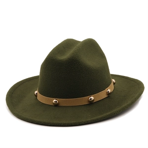 Dark green wool fedora hat with wide brim, tan band and gold stud accents in a front view
