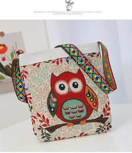 Detailed view of colorful woven owl pattern and adjustable embroidered shoulder strap