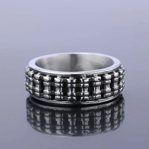Fashionable industrial silver stainless steel ring with a textured biker chain design