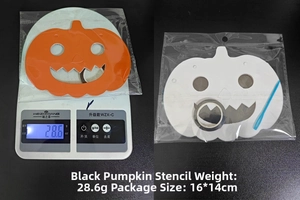 Detail of Happy Halloween pumpkin banner packaging and weight measurement on digital scale