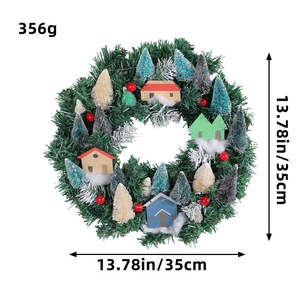 Lighted Christmas wreath with colorful mini houses and pine trees for door decoration