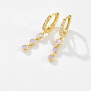 Elegant S925 silver hoop earrings with gold plating and triple purple gemstone drops
